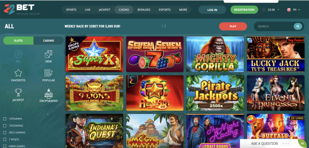 Casino games available at 22BET casoino